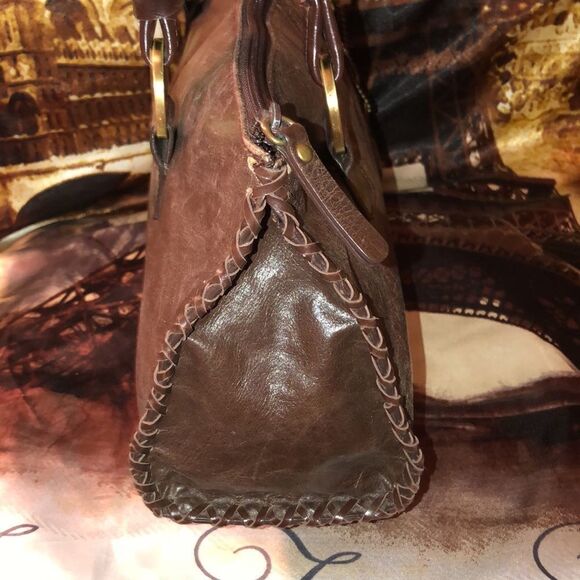 Worthington Chocolate Brown Genuine Leather Satchel Sewn Edges Twisted Handles - Picture 3 of 16
